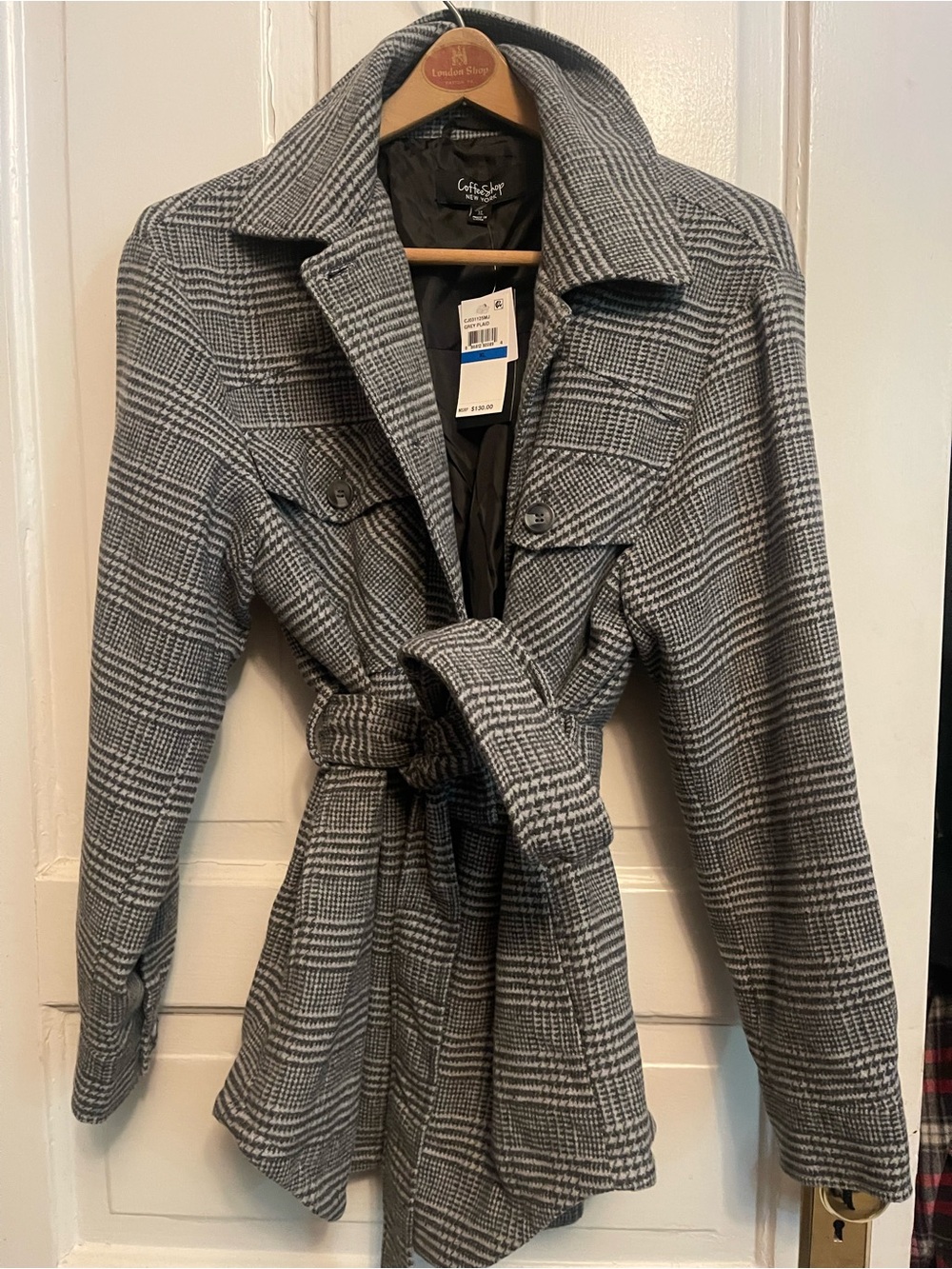 NWT CoffeeShop New York-Women’s Gray Plaid Belted Jacket